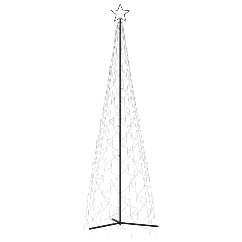 A 10-foot tall conical Christmas tree with a steel frame, topped by a star and featuring 500 cold white LEDs in a zig-zag pattern.