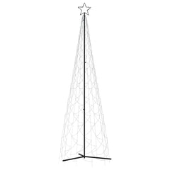 A 10-foot tall conical Christmas tree with a steel frame, topped by a star and featuring 500 cold white LEDs in a zig-zag pattern.