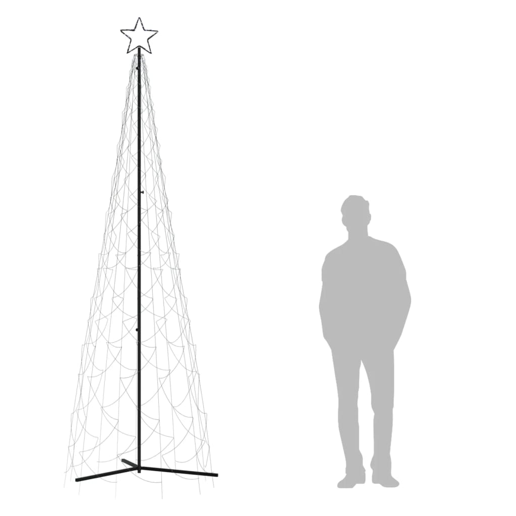 A 10-foot tall white cone-shaped Christmas tree with 500 cold white LEDs and a gray human figure for scale.