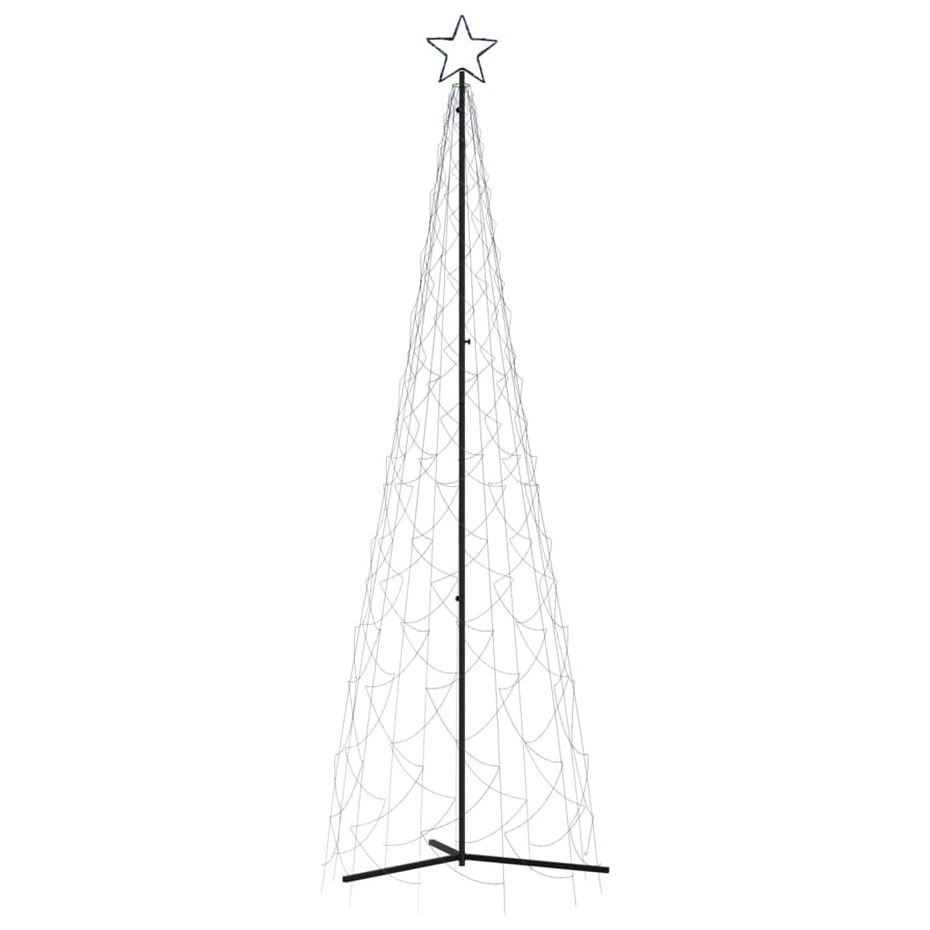 A 3x10 ft blue LED Christmas cone tree with 500 lights and a star topper on a metal frame.