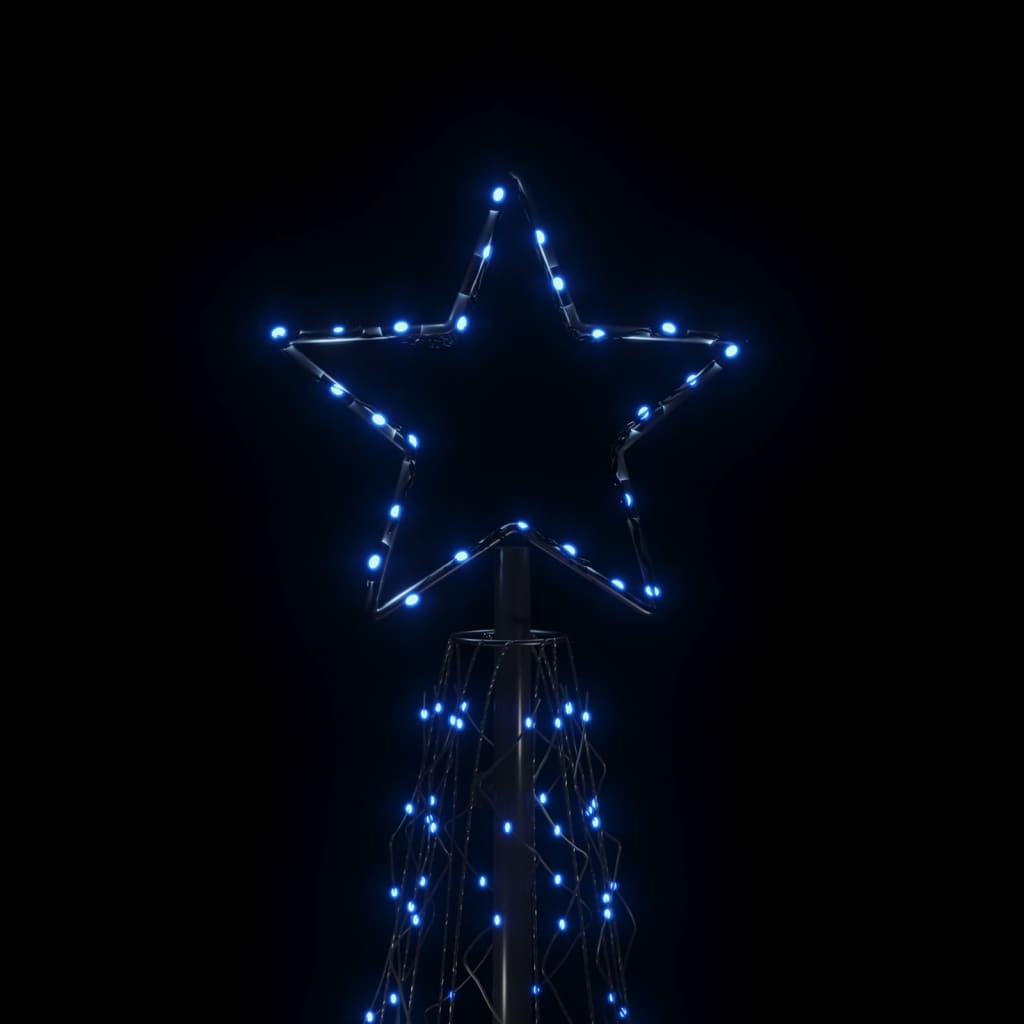 Blue LED Christmas cone tree with 500 lights and cascading strands on a 3x10 ft frame.