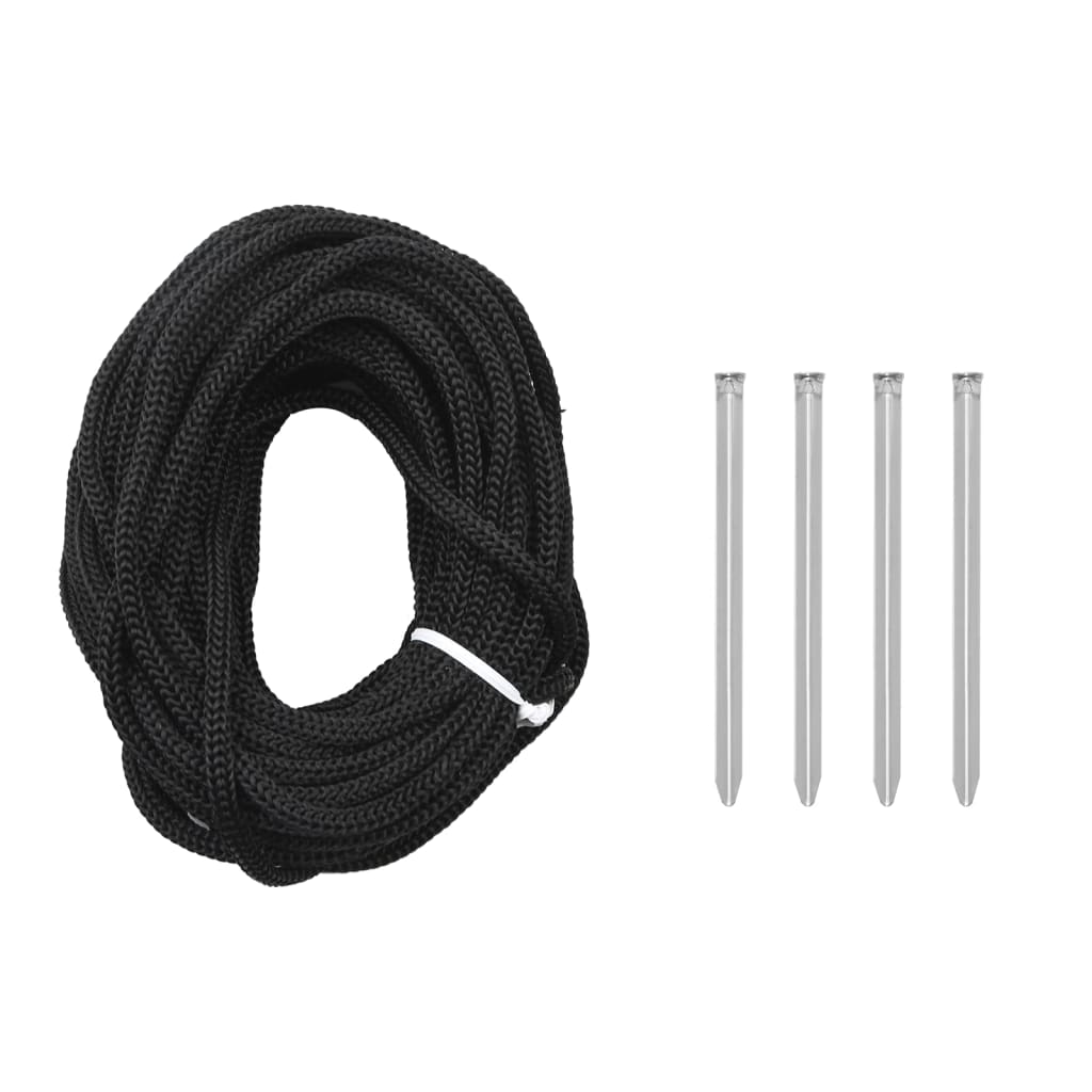 Black coiled rope and four metal ground spikes for securing outdoor decorations.