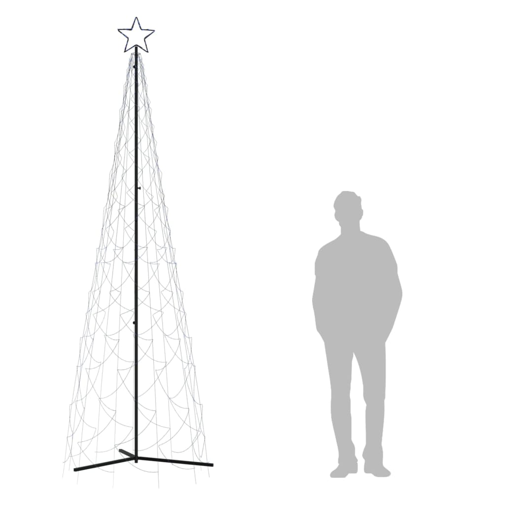 A 3x10 ft blue LED Christmas cone tree with 500 lights and a star top, shown next to a person for scale.