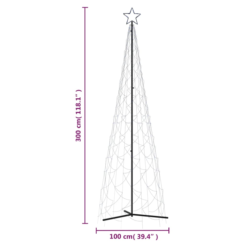 3x10 ft blue LED Christmas cone tree with 500 lights and dimensions shown.