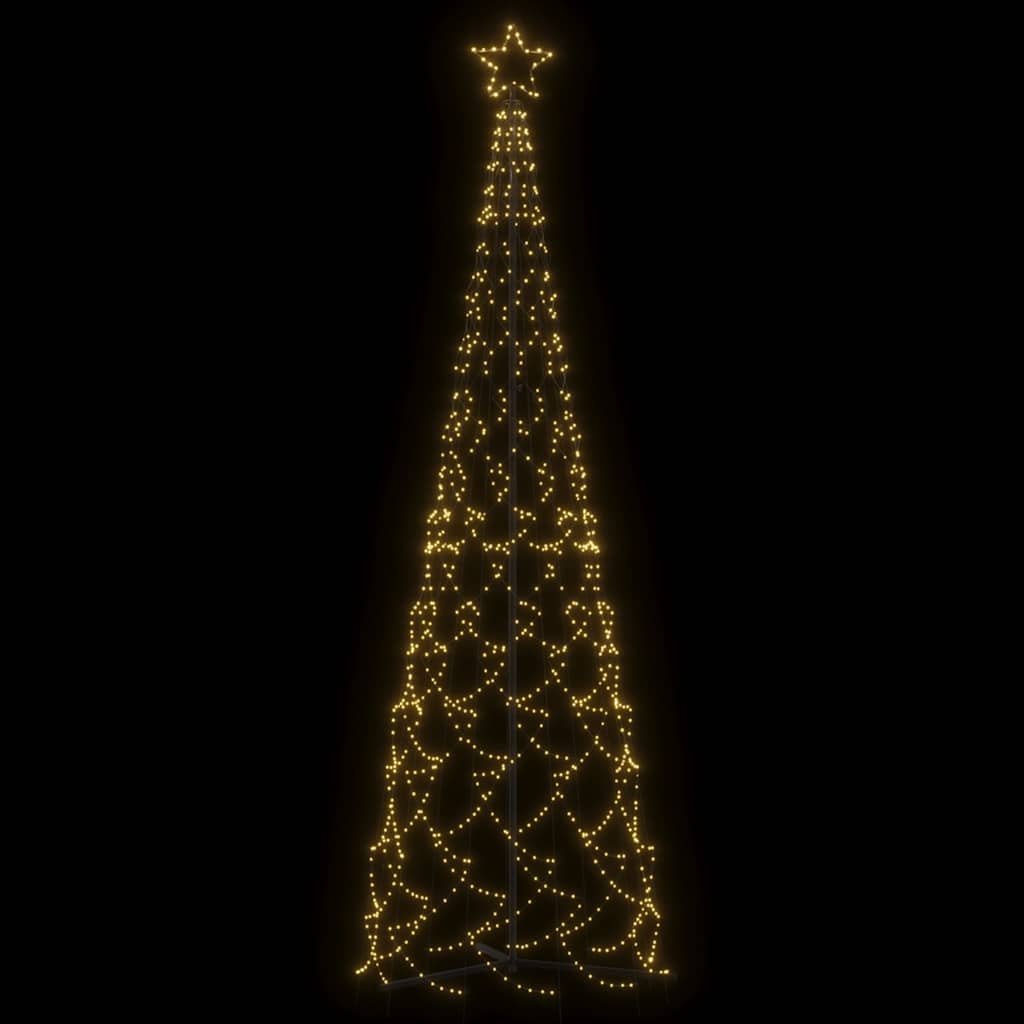 A 3x10 ft illuminated Christmas cone tree with 500 warm white LEDs on a black background.