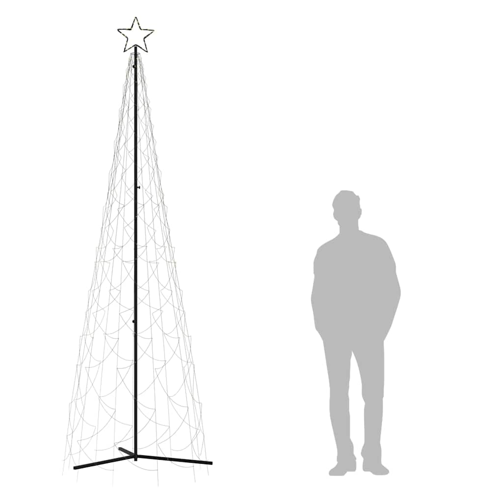 A 3x10 ft white cone-shaped Christmas tree with a star topper and 500 warm white LEDs, shown next to a person for scale.