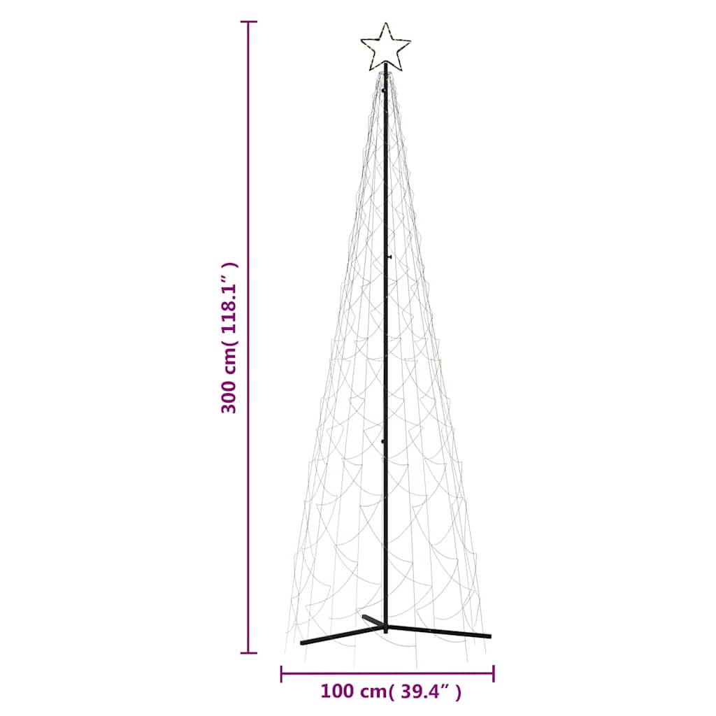 A 300 cm (118.1") tall Christmas cone tree with a 100 cm (39.4") wide base.