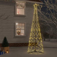 3x10 ft lighted Christmas cone tree with 500 warm white LEDs on a snowy lawn.