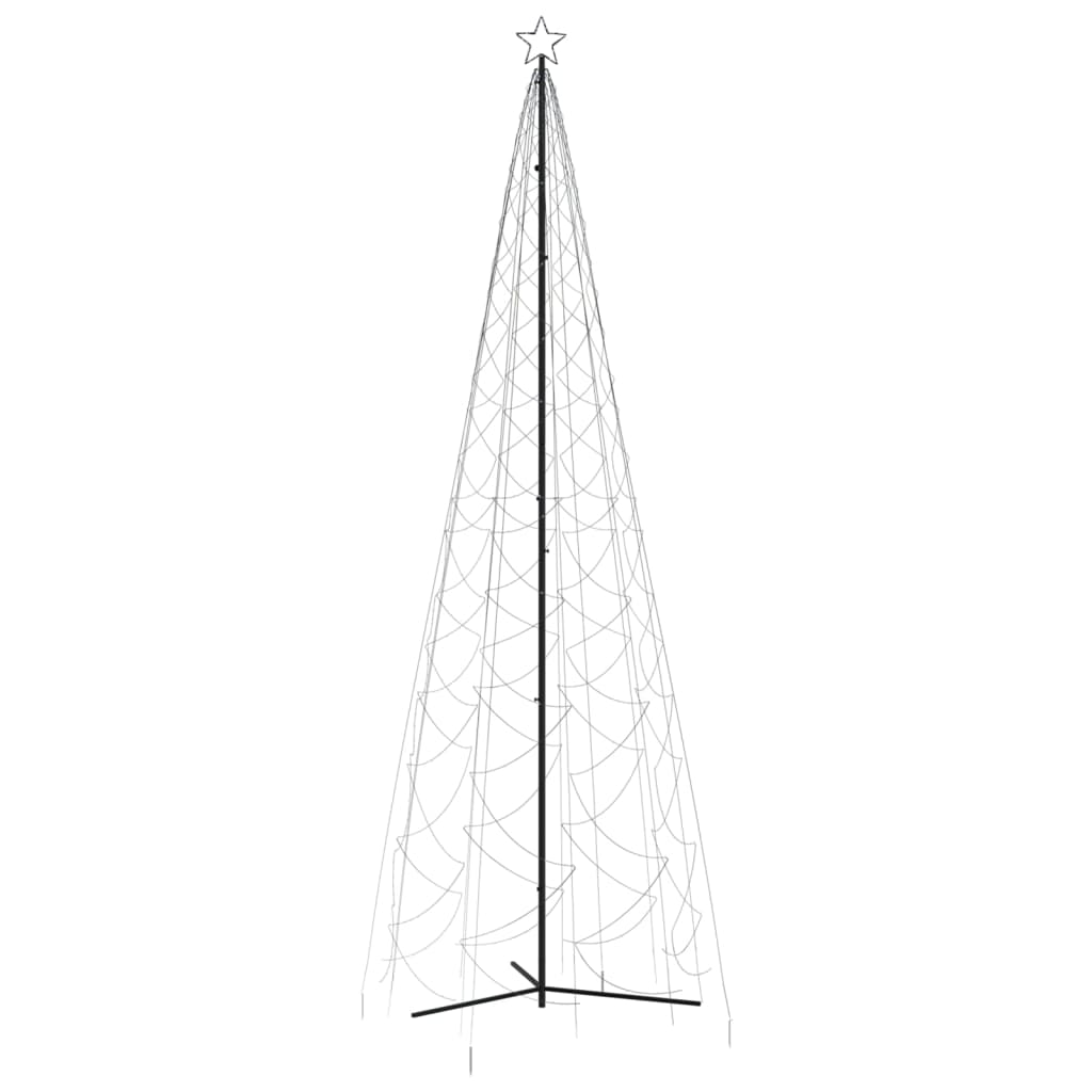 16ft tall Christmas cone tree with 1400 cold white LEDs on a steel frame.