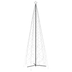 16ft tall Christmas cone tree with 1400 cold white LEDs on a steel frame.