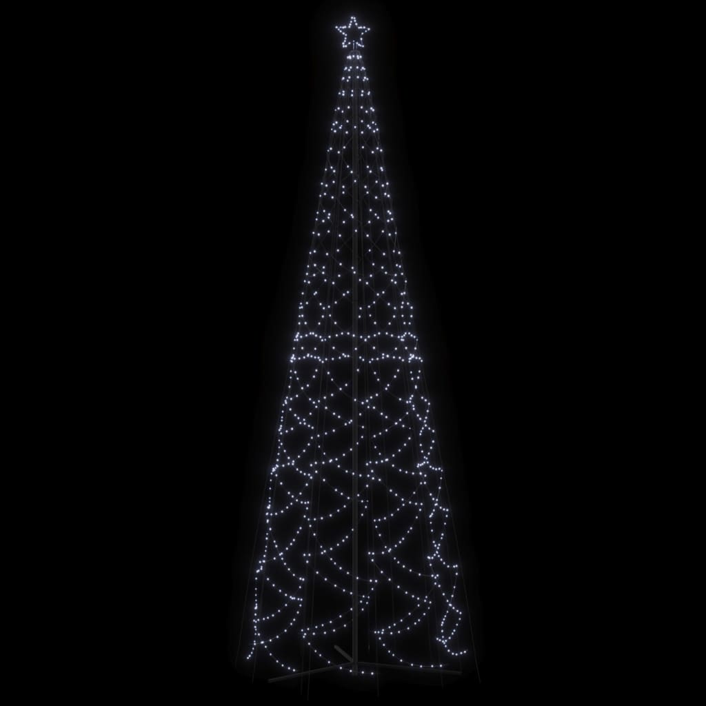 A 16ft tall outdoor Christmas cone tree lit with 1400 cold white LEDs.