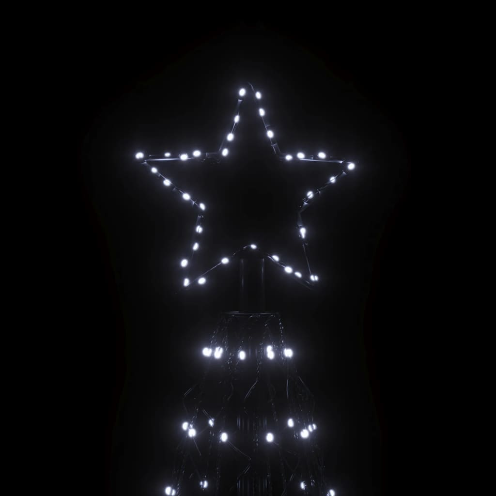 16ft Christmas cone tree with 1400 cold white LEDs on black background.