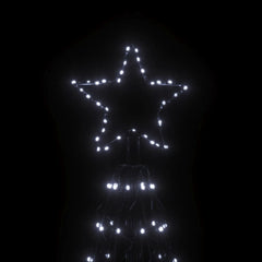 16ft Christmas cone tree with 1400 cold white LEDs on black background.