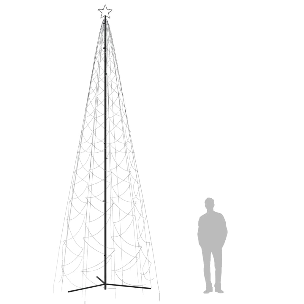 16ft cone-shaped Christmas tree with 1400 cold white LEDs and a steel frame, shown next to a person for scale.