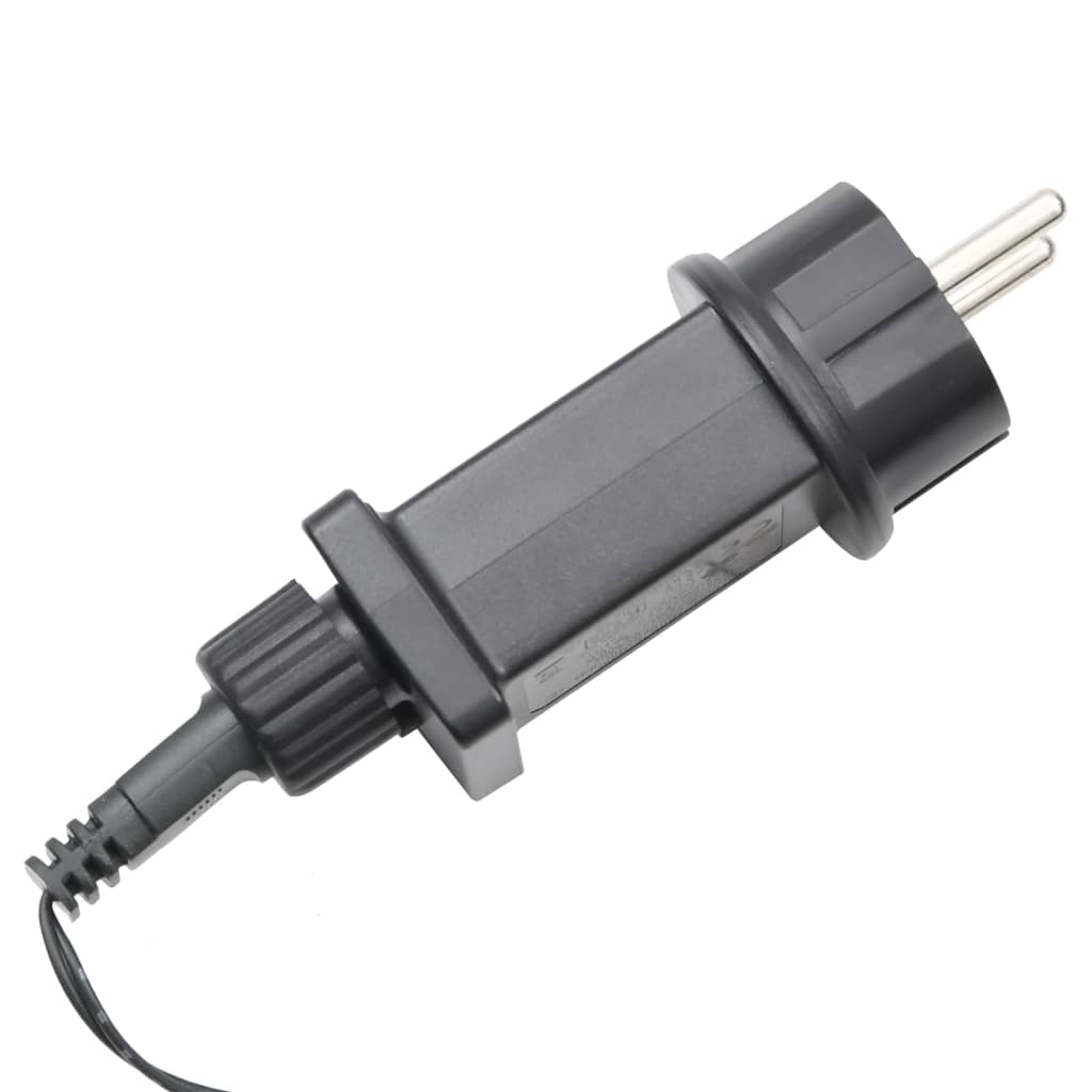 Black adapter plug with two metal prongs and attached power cord end.