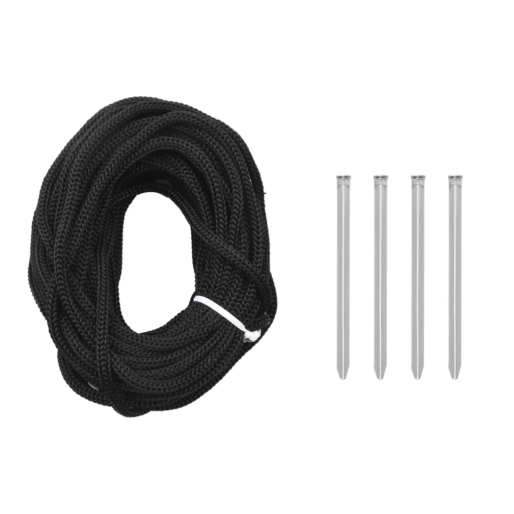 A coiled black rope with four metal ground stakes for securing outdoor decorations.