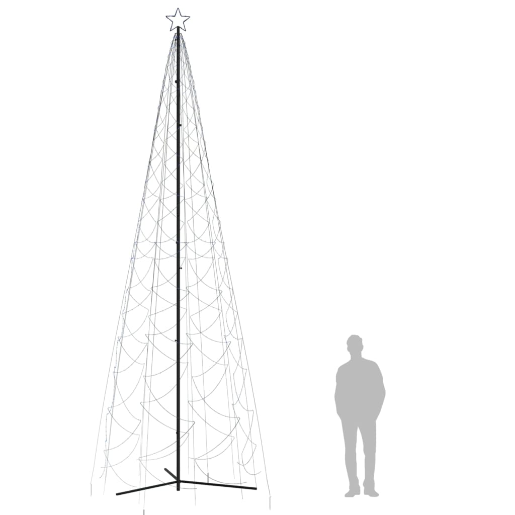 Blue LED Christmas cone tree with 1400 lights, 16 feet tall, shown next to a person for scale.