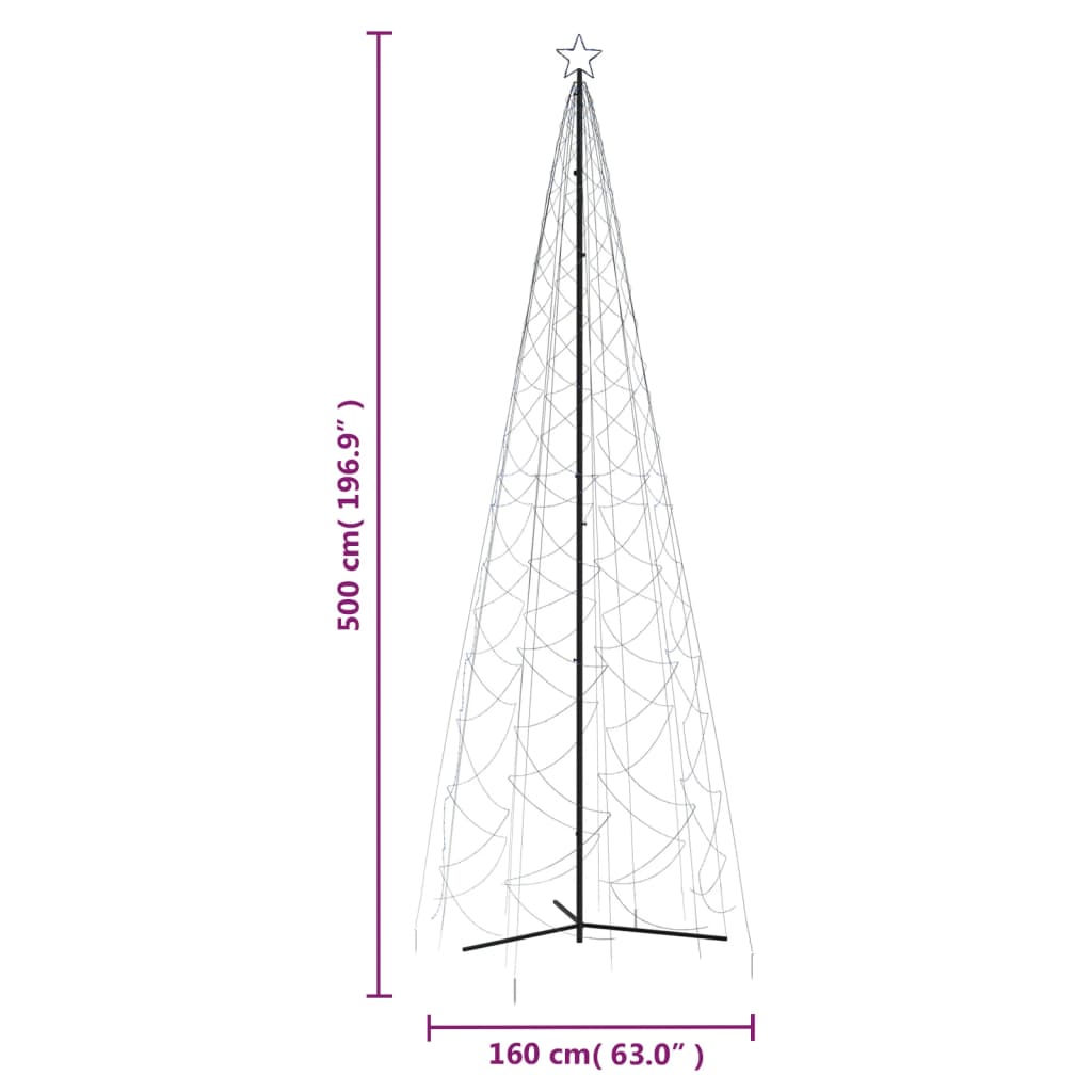 A 5x16 ft blue LED Christmas cone tree with 1400 lights and a star topper.