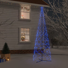 A blue LED Christmas cone tree with 1400 lights, standing 5x16 ft tall in a snowy outdoor scene.