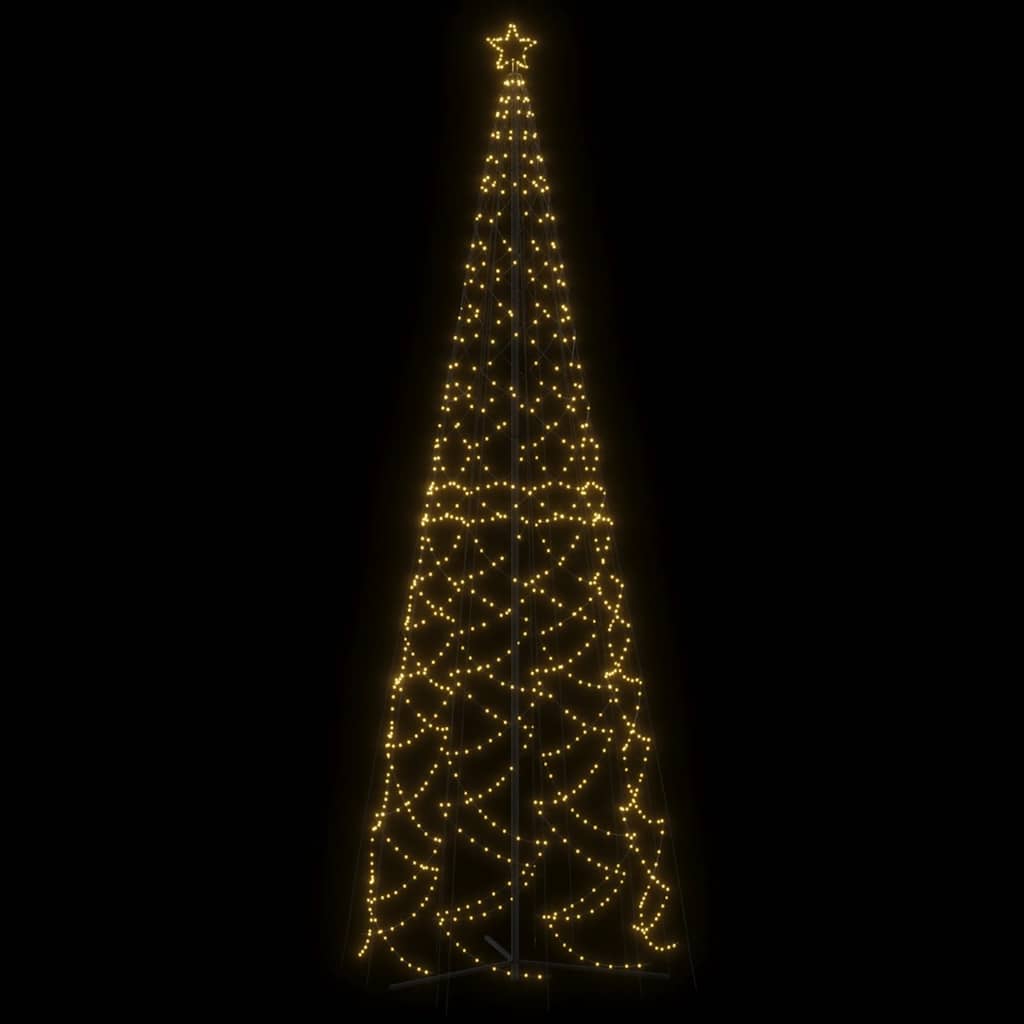 A tall 5x16 ft cone-shaped Christmas tree with 1400 warm white LEDs on a black background.