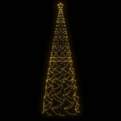 A tall 5x16 ft cone-shaped Christmas tree with 1400 warm white LEDs on a black background.