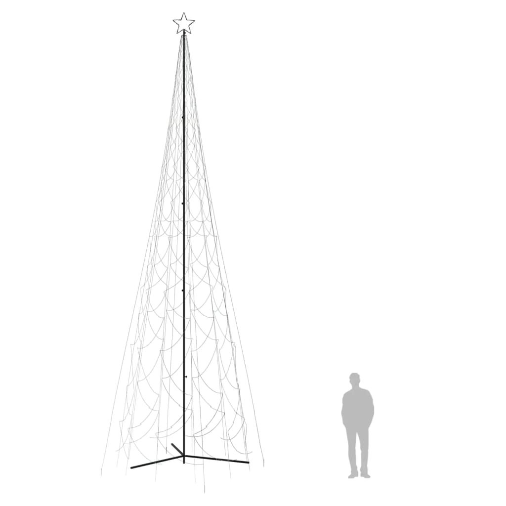 A 26ft tall conical Christmas tree frame with 3000 cold white LEDs and a tripod base, shown next to a person for scale.