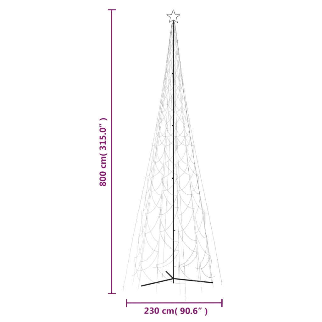 A 26ft tall artificial Christmas cone tree with 3000 cold white LEDs and an 8ft base diameter, shown with height measurements.