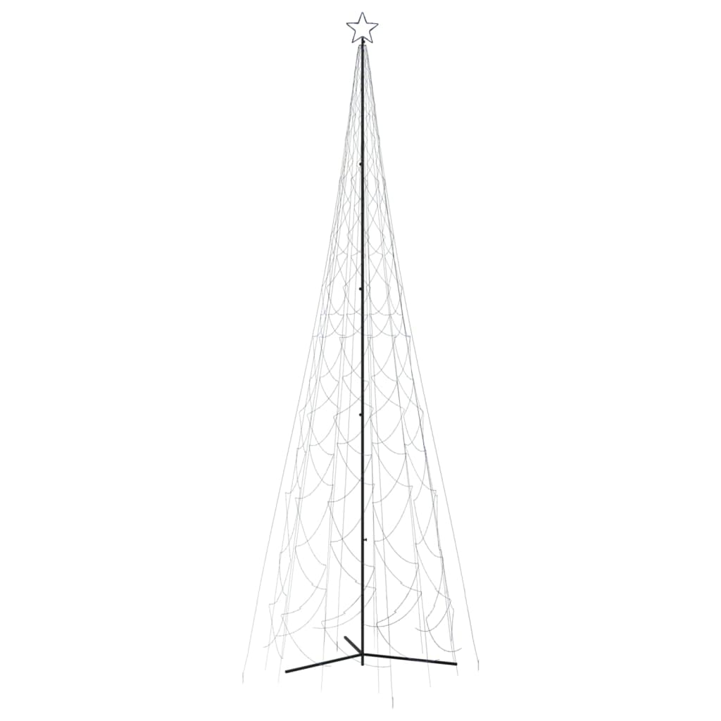 A tall, conical Christmas tree frame with a star topper and visible wiring.
