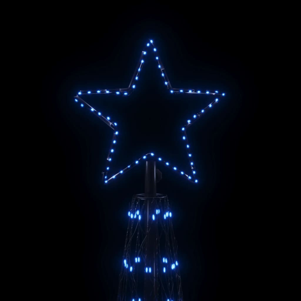A blue LED Christmas cone tree with a star topper against a black background.