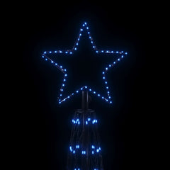 A blue LED Christmas cone tree with a star topper against a black background.