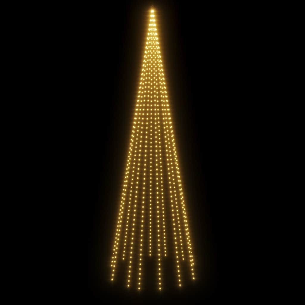 16ft flagpole Christmas tree lights with 732 warm white LEDs on black background.