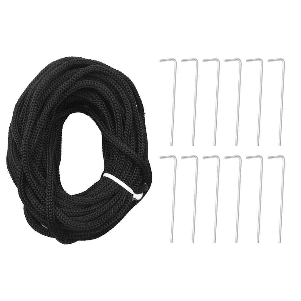 Black 16ft flagpole light rope with 12 silver metal ground stakes for outdoor use.