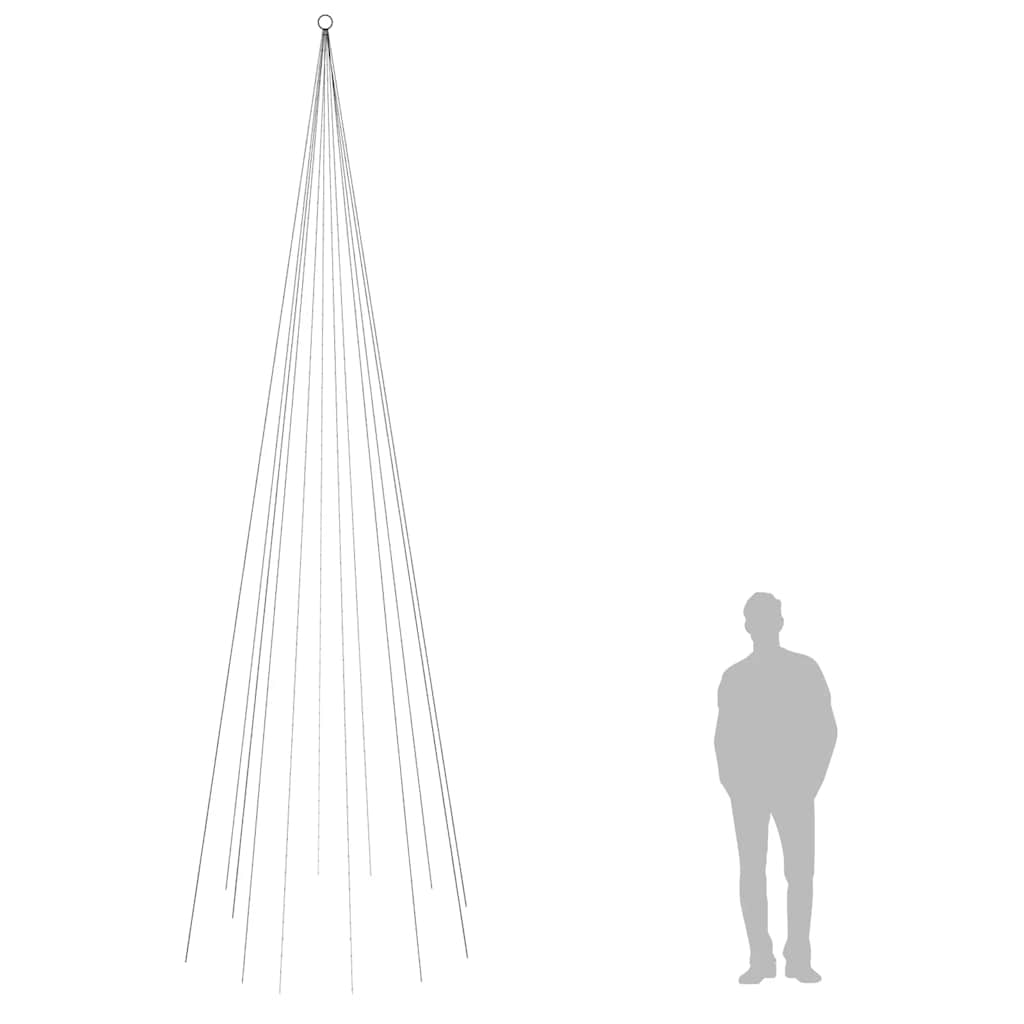 A 16ft flagpole with 732 warm white LED Christmas tree lights, shown next to a human figure for scale.