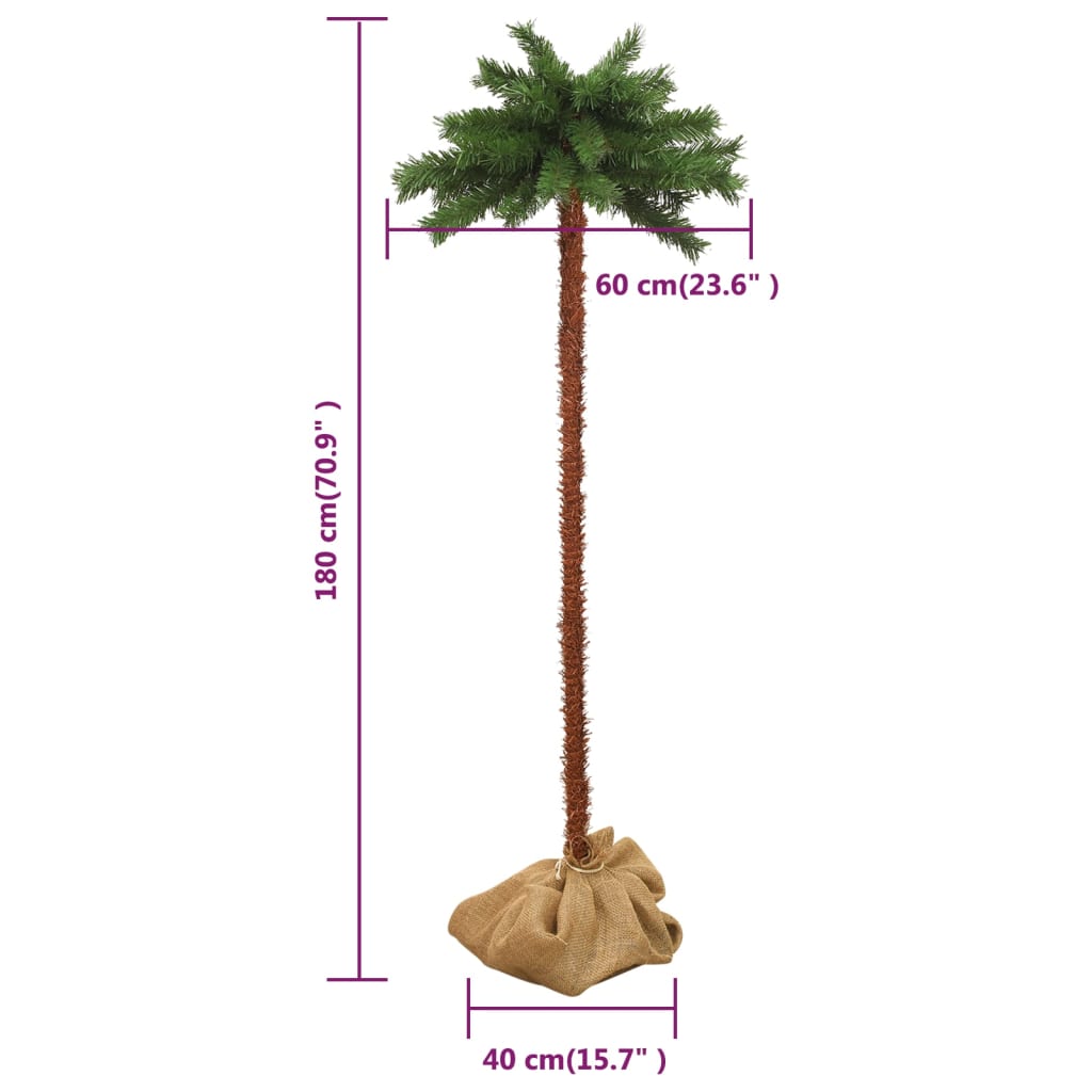 70.9" tall green and brown artificial palm tree with LED lights and stable linen-covered base.