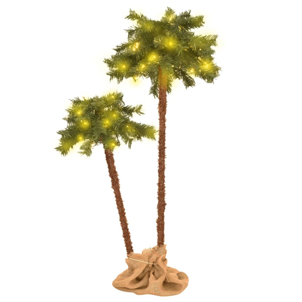 Two green LED-lit Christmas palm trees, 35.4" and 59.1" tall, with PVC fronds and burlap base.