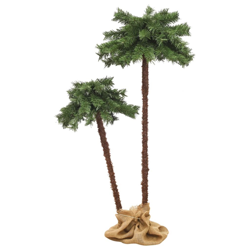 Two green PVC Christmas palm trees with 200 LED lights and burlap-wrapped bases.