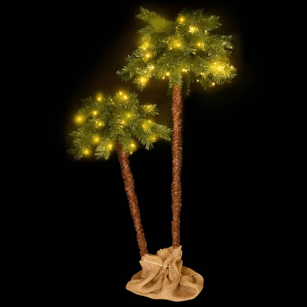 Two lit LED palm trees, 35.4-inch and 59.1-inch tall, with green PVC fronds and burlap base.