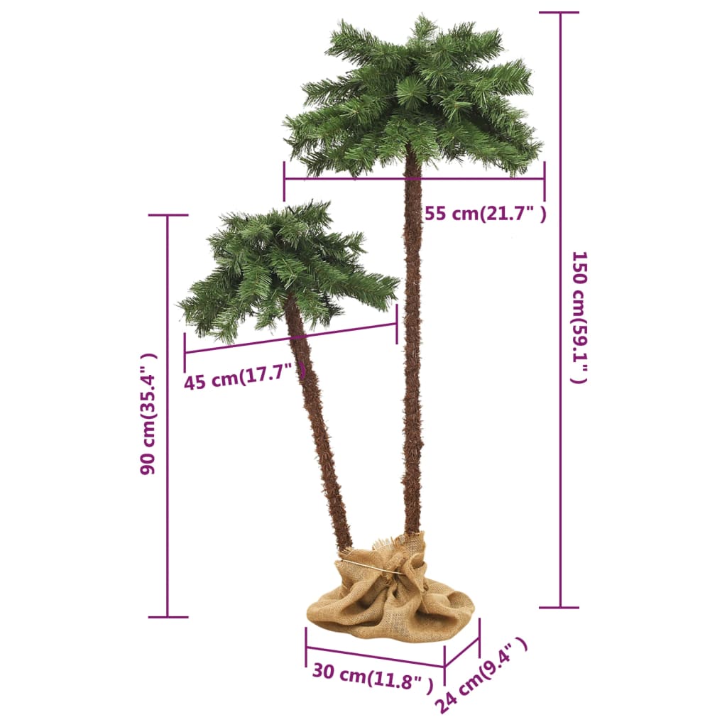 Two LED Christmas palm trees, 35.4" and 59.1" tall, with green PVC fronds and dimensions shown.
