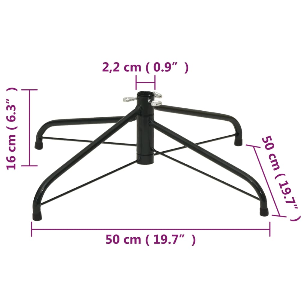 Black steel Christmas tree stand with bolts, 50 cm wide and 16 cm tall for artificial trees.