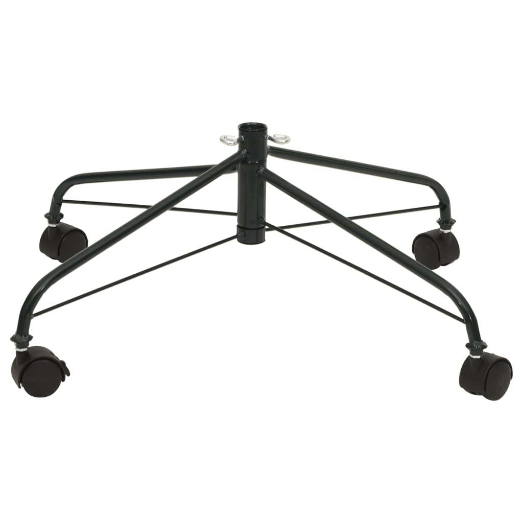 Black steel Christmas tree stand with wheels, measuring 2x2 feet for easy mobility and stability.