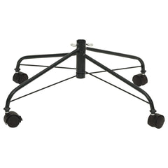 Black steel Christmas tree stand with wheels, measuring 2x2 feet for easy mobility and stability.