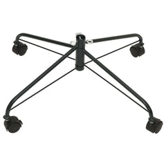 Black steel Christmas tree stand with wheels, measuring 2x2 feet, for easy mobility and stability.