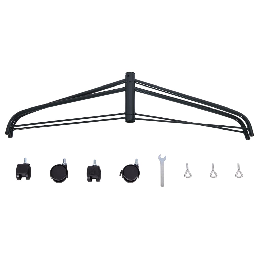 Black steel Christmas tree stand with wheels, 2x2 feet, designed for artificial trees.