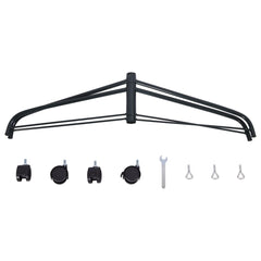 Black steel Christmas tree stand with wheels, 2x2 feet, designed for artificial trees.