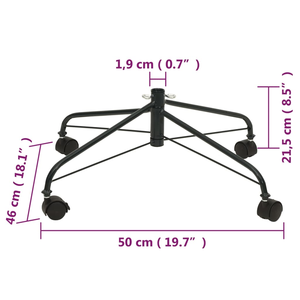 Black steel Christmas tree stand with wheels, 2x2 feet, designed for easy mobility and stability.