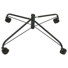 Black steel Christmas tree stand with wheels, supporting trees up to 6 feet tall.