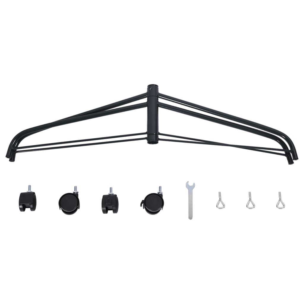 Black steel artificial Christmas tree stand with wheels, a wrench, and bolts.