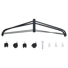 Black steel artificial Christmas tree stand with wheels, a wrench, and bolts.