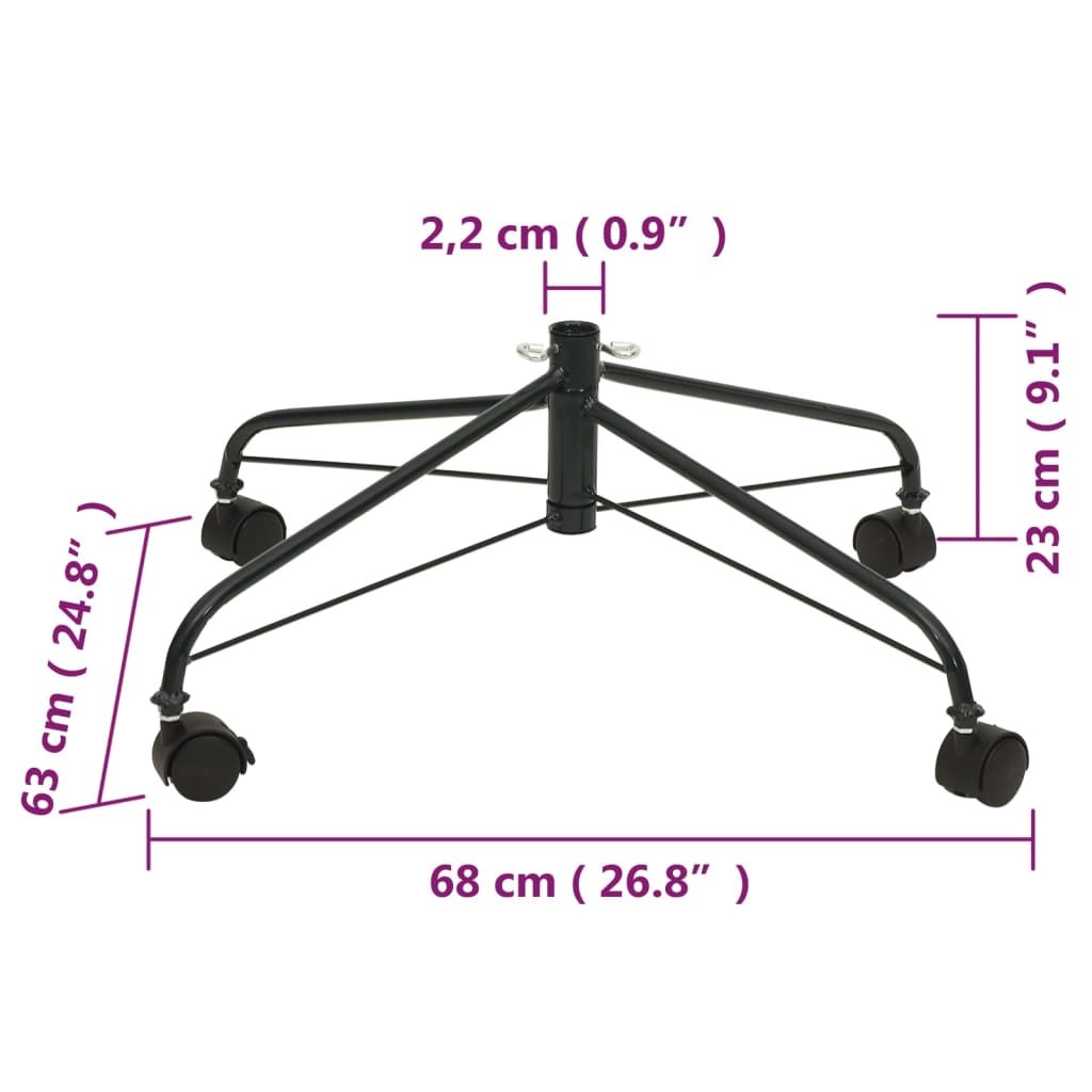 Black steel Christmas tree stand with wheels for easy positioning and stability.