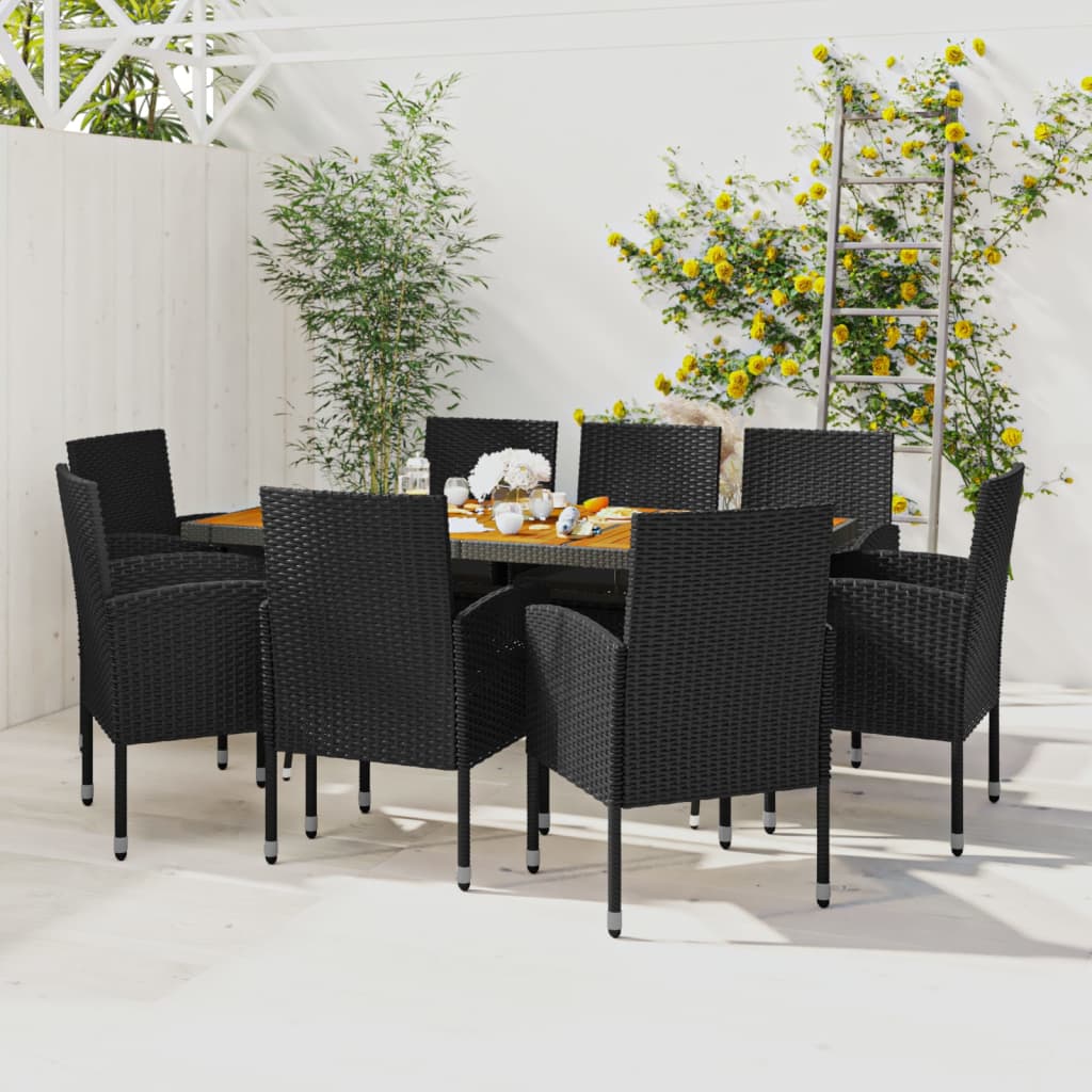 Outdoor Dining Set Black PE rattan, steel, solid acacia wood, foam